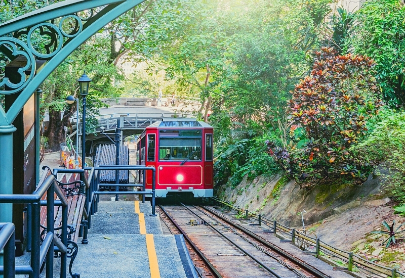 Retro tram moves to Victoria Peak. Hong Kong..