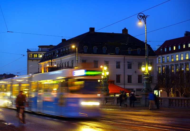 Gothenburg at night. trams and people in motion
