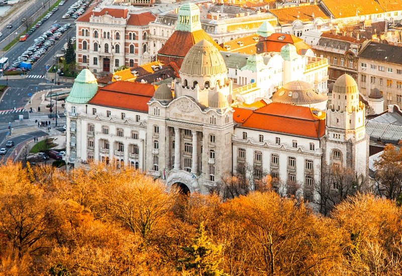 Aerial view of Gellert thermal spa historical building from Gellert Hill, Budapest